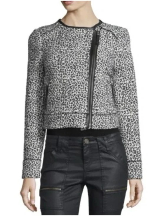 Joie Black & Ivory Leopard Print Cropped Moto Jacket/Blazer - Picture 3 of 7